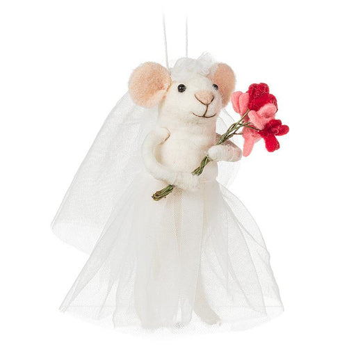 Bride mouse ornament with bouquet and white gown felt decoration