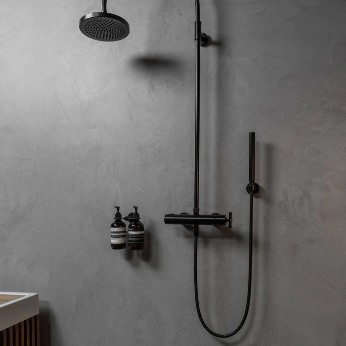 Installed Buster + Punch Cast double dispenser soap holder in luxury shower setting
