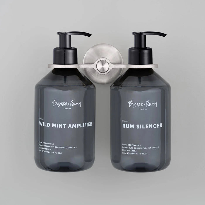 Buster + Punch Cast double dispenser soap holder with matching dispenser bottles in steel finish