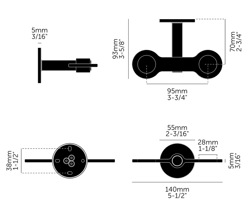 Technical dimensions drawing of Buster + Punch Cast double dispenser soap holder