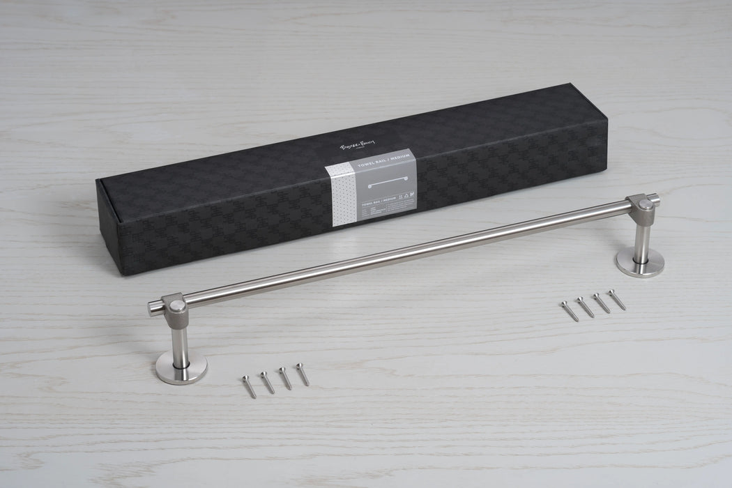Buster + Punch Cast medium towel rail in steel finish with packaging and included mounting hardware