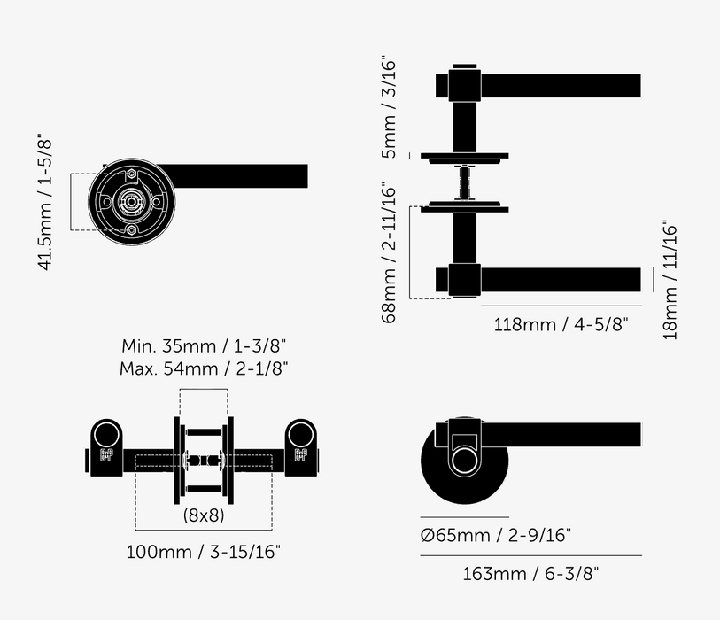 Technical dimensions drawing of Buster + Punch Cast Passage Door Handle Set