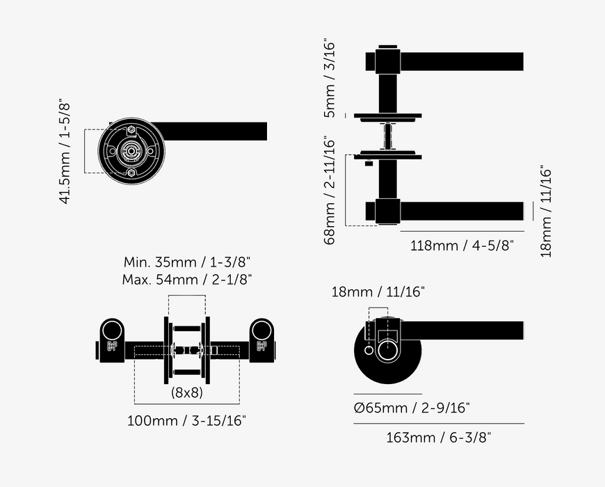 Technical dimensions drawing of Buster + Punch Cast Privacy Door Handle Set