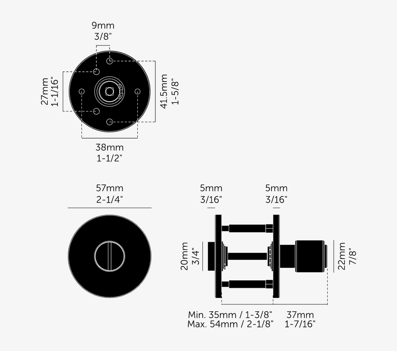 Technical drawing with dimensions for Buster + Punch Cast thumbturn lock bathroom privacy hardware