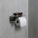 Installed Buster + Punch Cast toilet roll holder with shelf in welders steel finish
