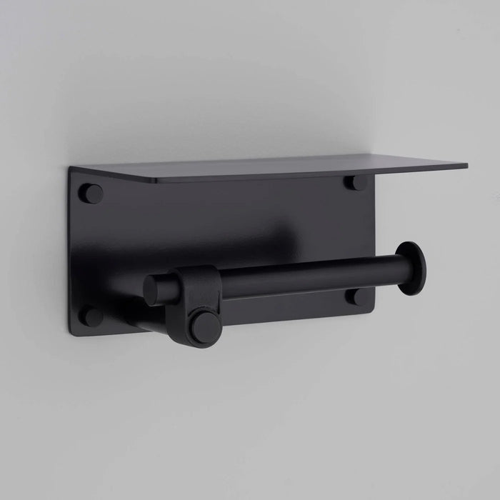 Buster + Punch Cast toilet roll holder with shelf in welders black finish