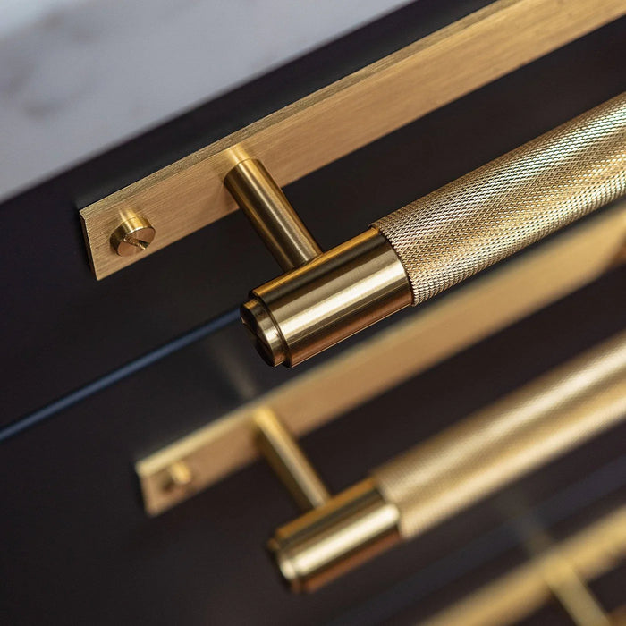 Close up of Brass Buster + Punch Cross Pull Bar with Backplate