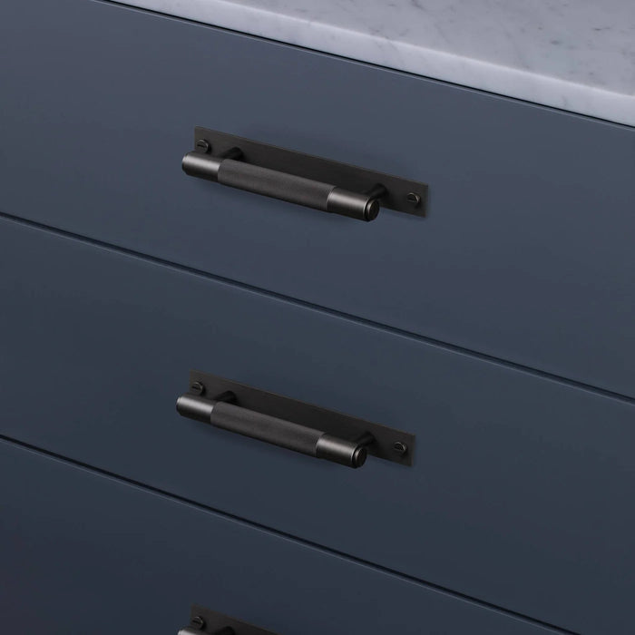 Buster + Punch Cross Pull Bar with Backplate installed on modern cabinet drawers small size smoked bronze finish