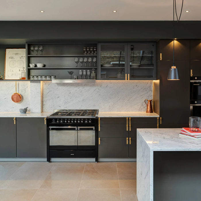 Luxury kitchen featuring Buster + Punch Cross Brass cabinet hardware
