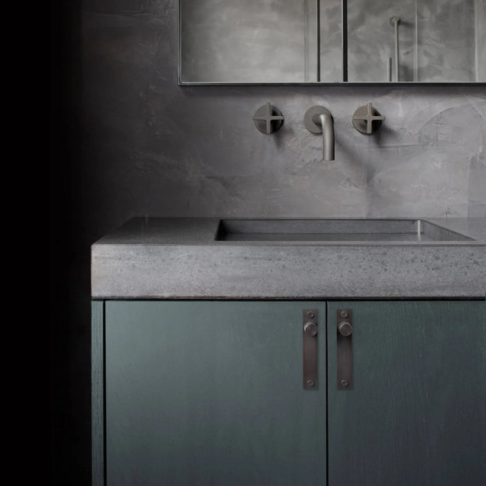 Luxury bathroom vanity featuring Buster + Punch Cross Smoked Bronze knob plates
