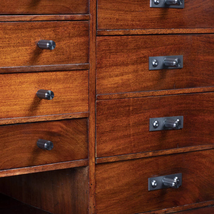 Vintage wooden cabinetry with Buster + Punch Linear Gun Metal knob plates