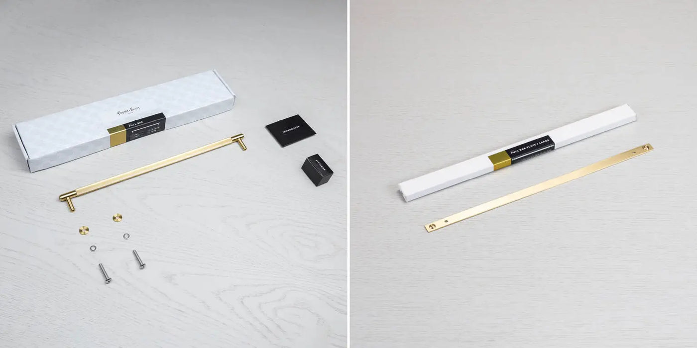 Buster + Punch Linear cabinet pull packaging with mounting hardware and screws