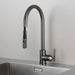 Angled view of Buster + Punch gun metal linear kitchen faucet