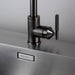 Close-up of Buster + Punch gun metal kitchen faucet handle and base