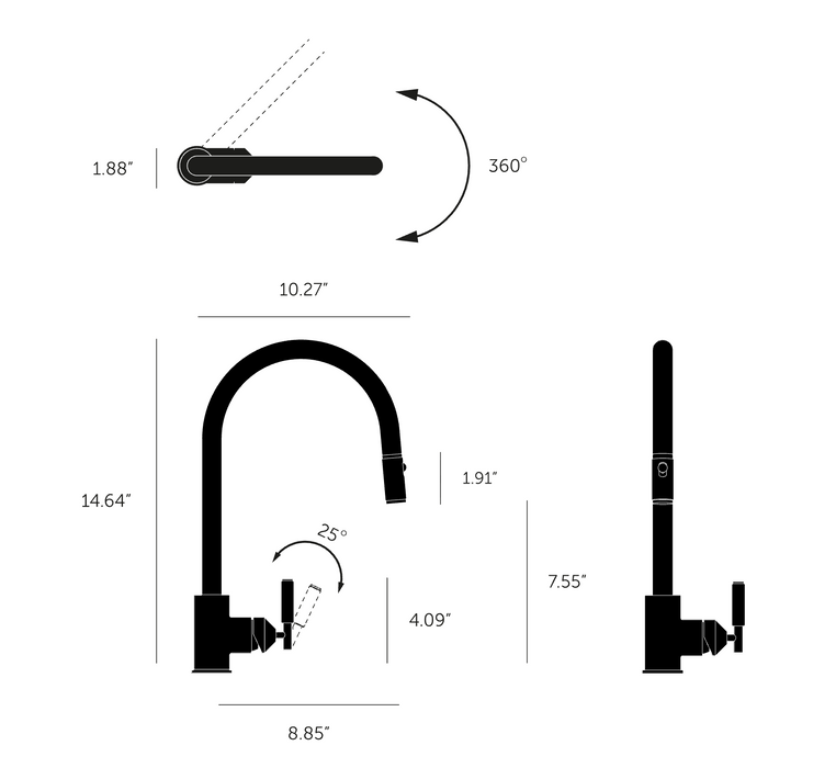 Technical drawing and dimensions of Buster + Punch linear pull-out kitchen faucet