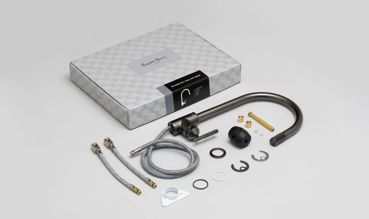 Buster + Punch linear kitchen faucet packaging and included installation components