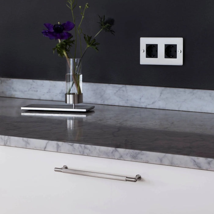 Buster + Punch Linear Pull Bar handles installed on modern vanity drawers