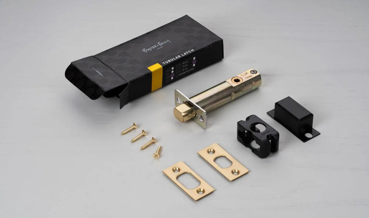 Buster + Punch Privacy Bolt Thumbturn Lock packaging and included hardware kit with strike plates and screws