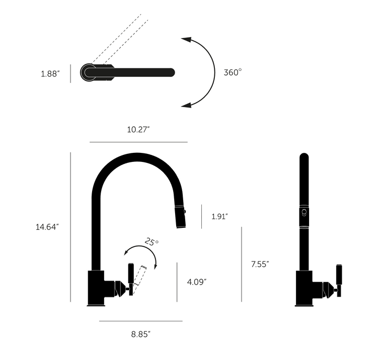 Technical drawing and dimensions of Buster + Punch pull-out kitchen faucet with dual spray