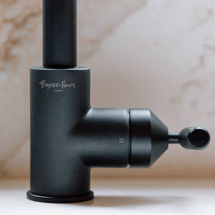 Buster + Punch kitchen faucet with engraved logo in welder's black finish