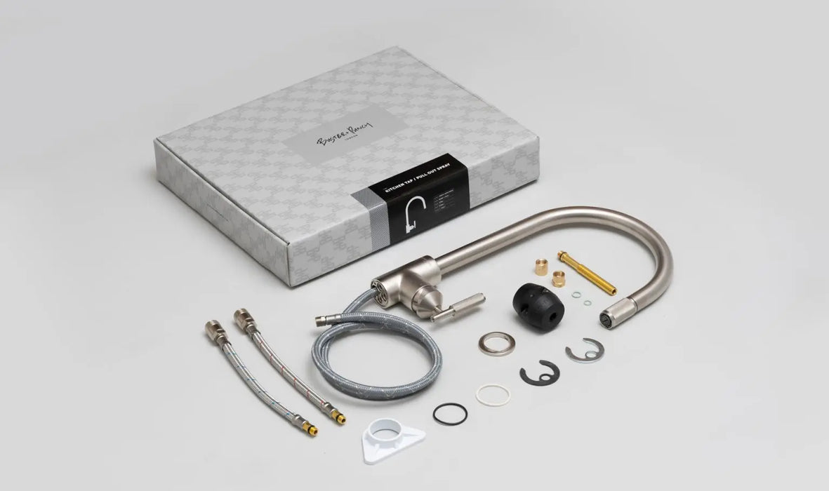 Buster + Punch kitchen faucet packaging and included installation components