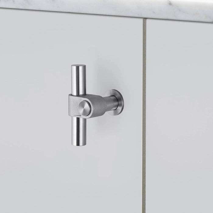 Angled side view of Buster + Punch T-Bar CAST cabinet knob in steel finish