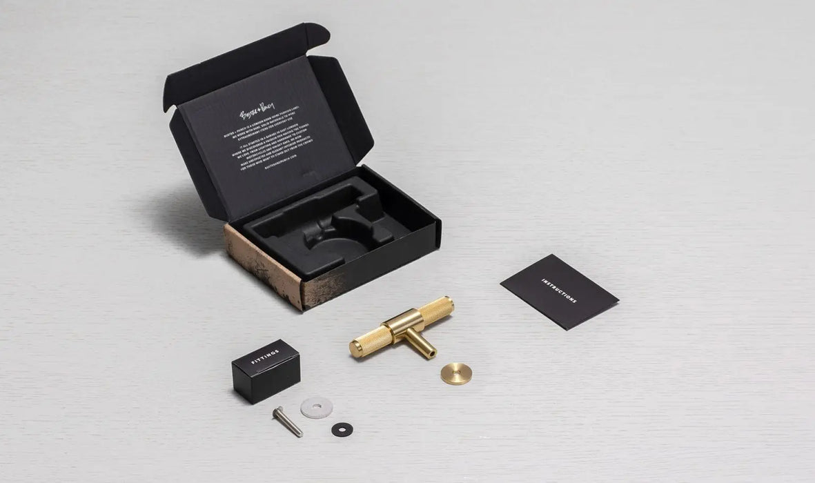 Buster + Punch T-Bar Cross cabinet knob packaging and included installation hardware