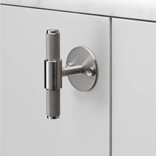 Buster + Punch T-Bar PLATE Cross cabinet knob in steel finish mounted on cabinetry
