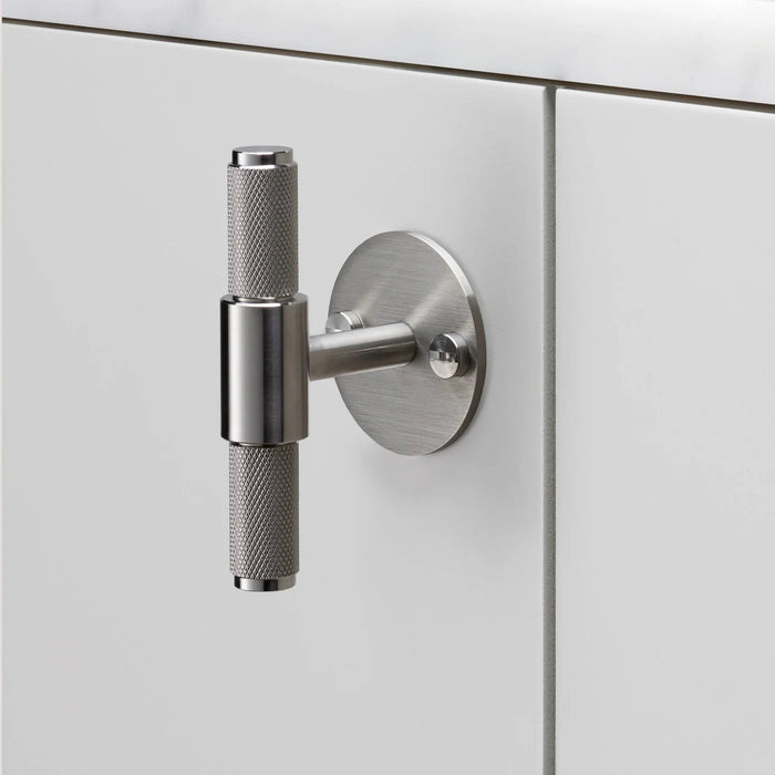Buster + Punch T-Bar PLATE Cross cabinet knob in steel finish mounted on cabinetry
