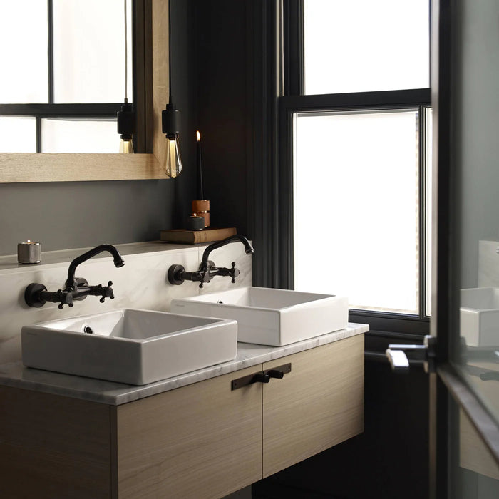 Modern bathroom interior with Buster + Punch cabinet hardware