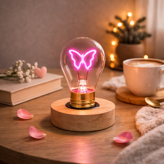 Butterfly neon LED light bulb on wooden base glowing on bedside table with cozy decor