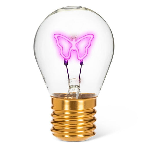 Butterfly neon LED light bulb with pink glow filament in clear glass on white background