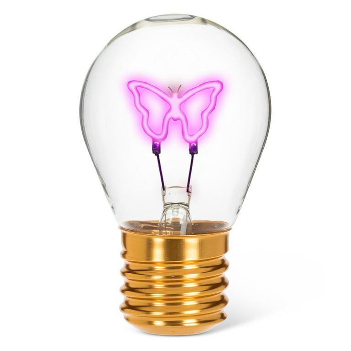 Butterfly neon LED light bulb with pink glow filament in clear glass on white background