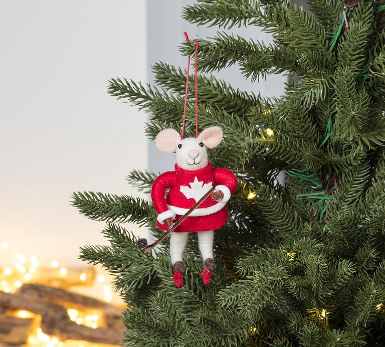 Canada hockey mouse ornament on decorated Christmas tree