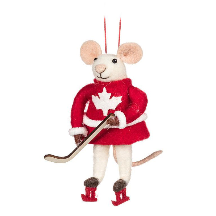Canada hockey mouse ornament with maple leaf sweater and stick