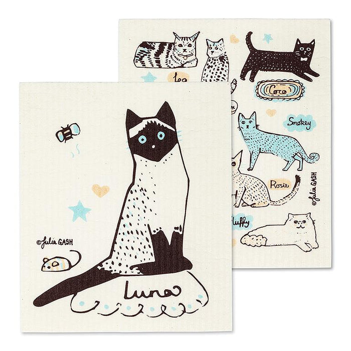 Swedish dishcloth with cat illustrations used in kitchen cleaning setting