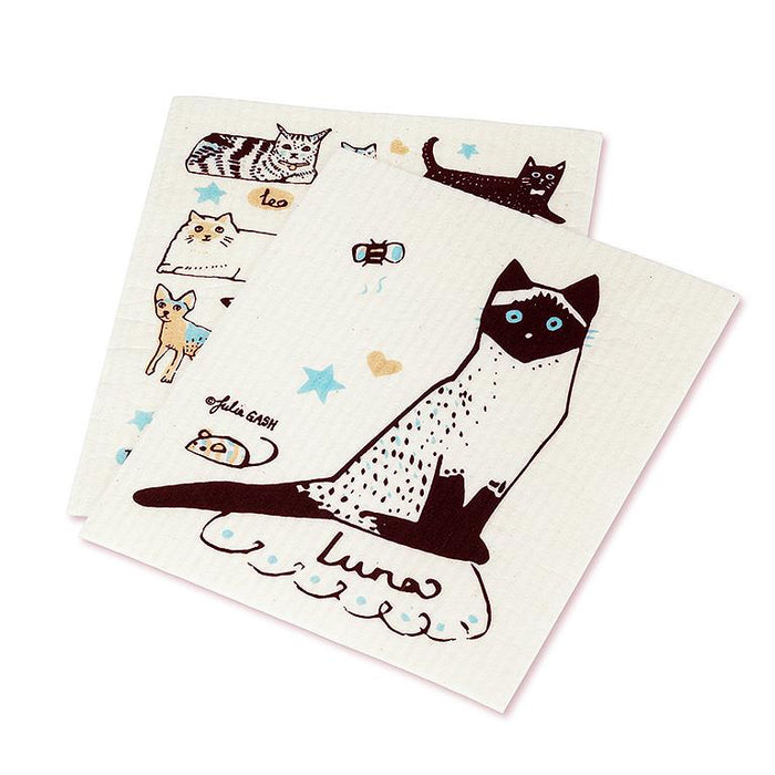 reusable Swedish dishcloth set with cat design stacked view