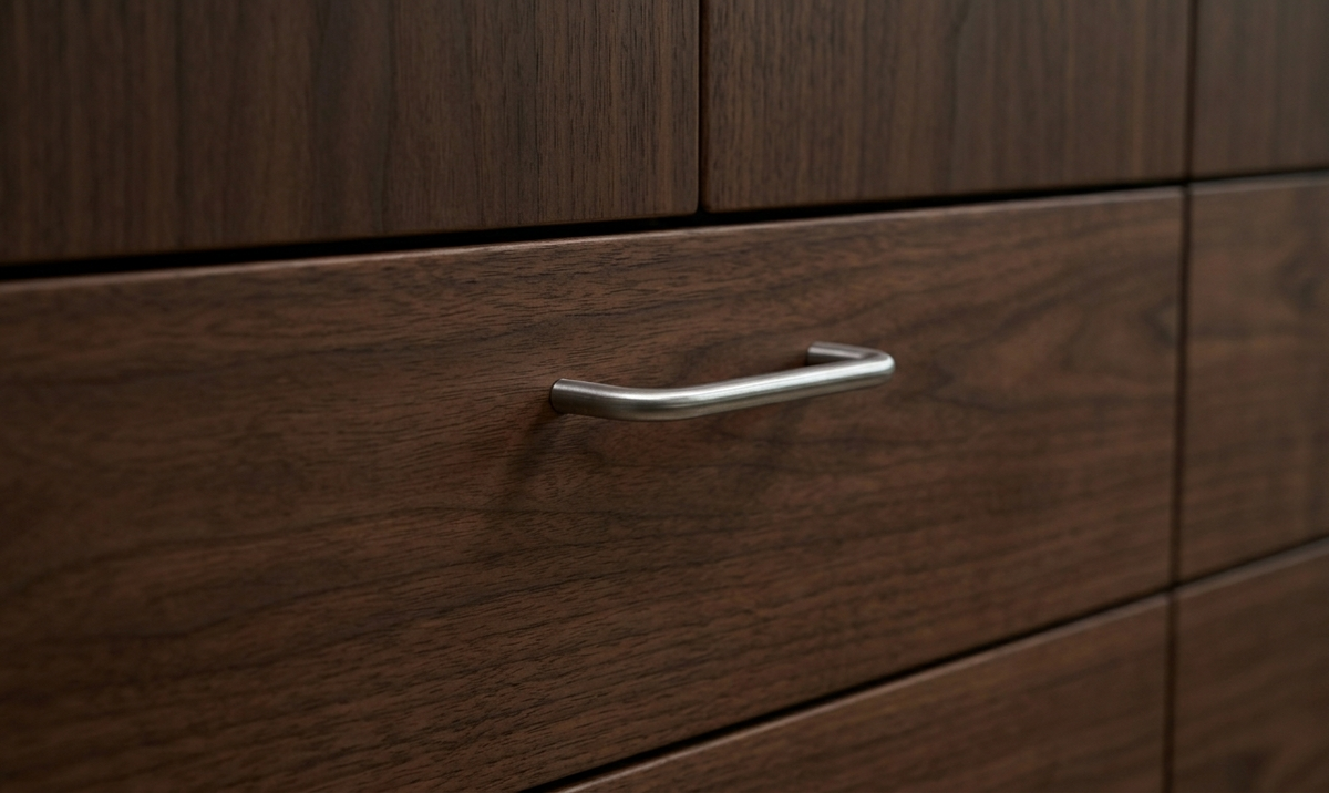 CBH 220 bar pull in bright chrome finish installed on dark wood drawer front