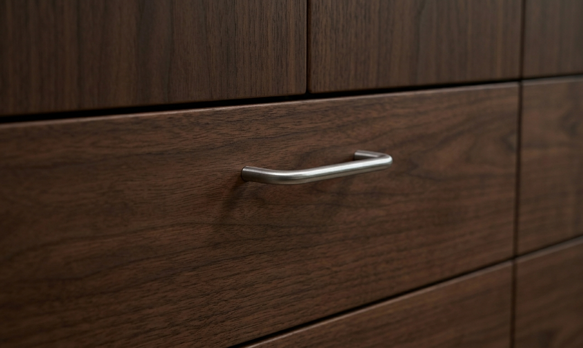 CBH 220 bar pull in bright chrome finish installed on dark wood drawer front