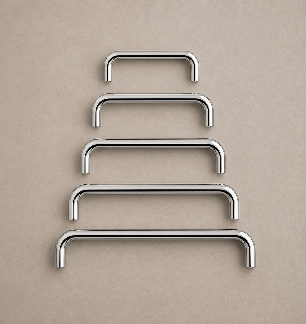 CBH 220 bar pull in bright chrome finish showing multiple sizes arranged from small to large