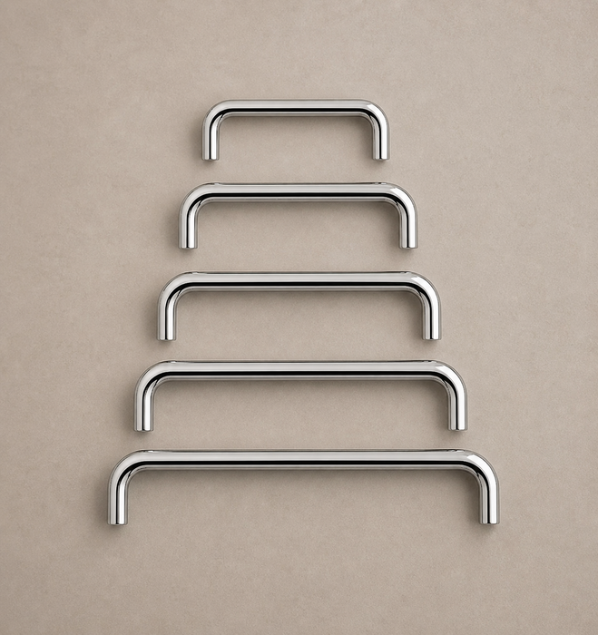 CBH 220 bar pull in bright chrome finish showing multiple sizes arranged from small to large