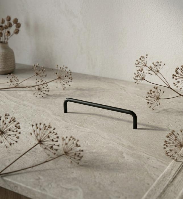 CBH 220 bar pull in flat black finish styled in neutral interior setting