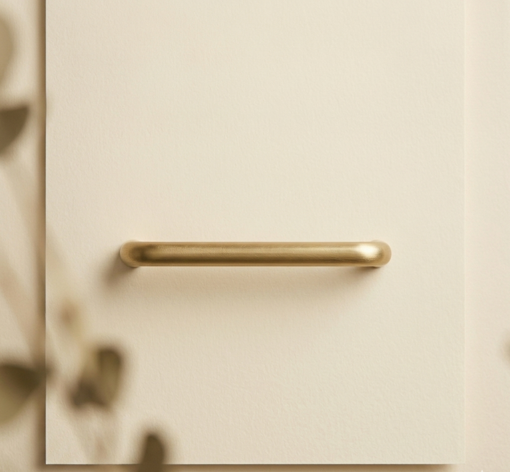 Close-up of CBH 220 bar pull in satin brass finish with soft shadows
