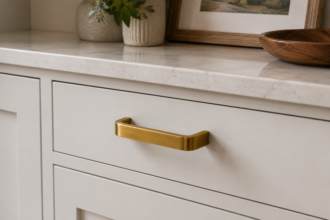 CBH 245 Square Return Bar cabinet pull in antique brass finish installed on kitchen cabinet