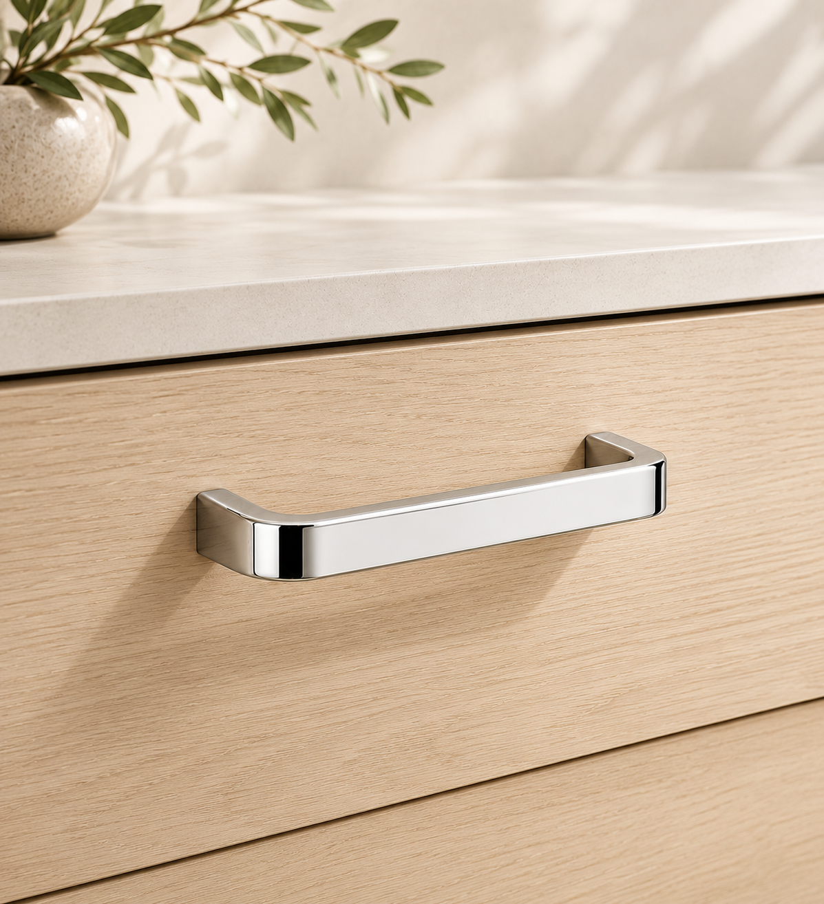 CBH 245 Square Return Bar cabinet pull in bright chrome finish installed on wood drawer