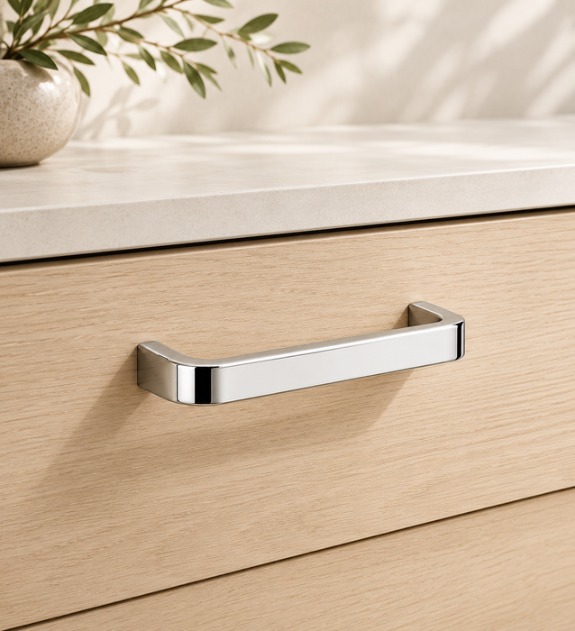 CBH 245 Square Return Bar cabinet pull in bright chrome finish installed on wood drawer