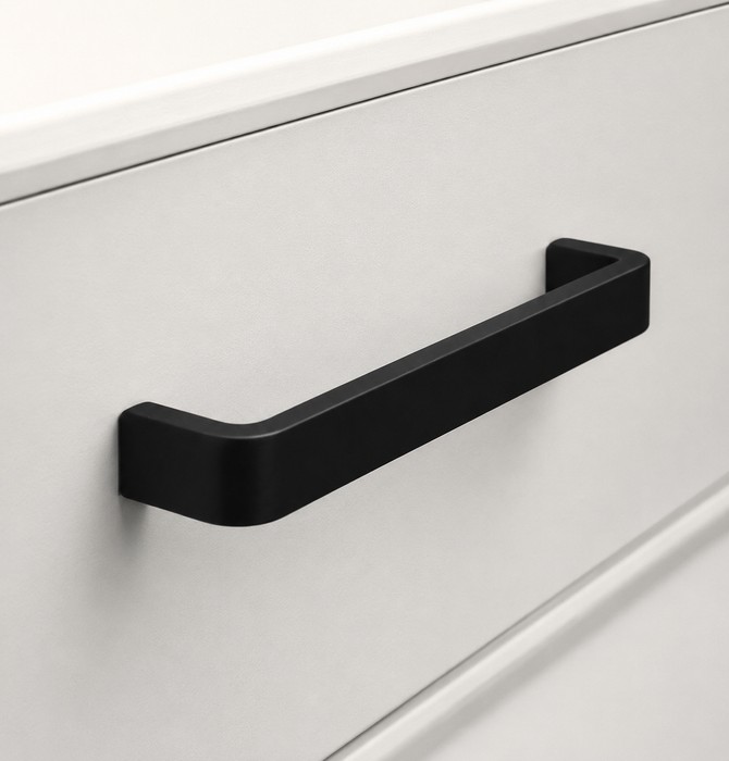 CBH 245 Square Return Bar cabinet pull in flat black finish installed on cabinet drawer
