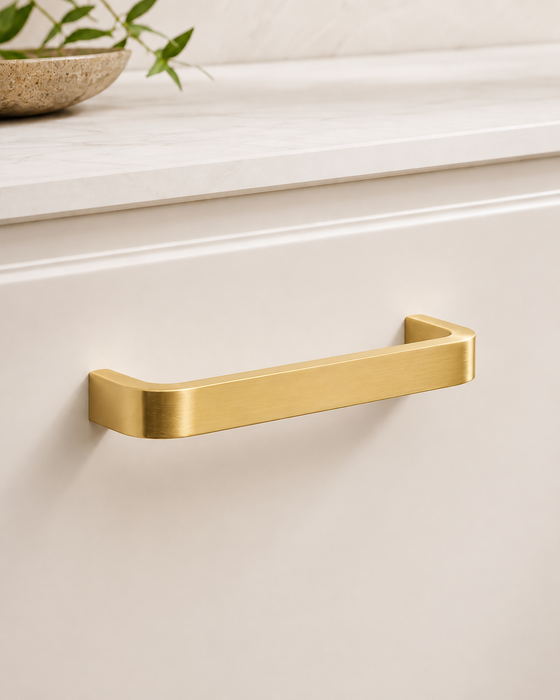 CBH 245 Square Return Bar cabinet pull in satin brass finish installed on cabinet drawer