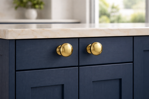 CBH 502 dome cabinet knobs installed on blue kitchen cabinet with bright brass finish