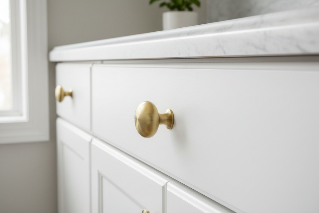 CBH 502 Classic Dome Cabinet Knob in Bright Brass installed on a white cabinet